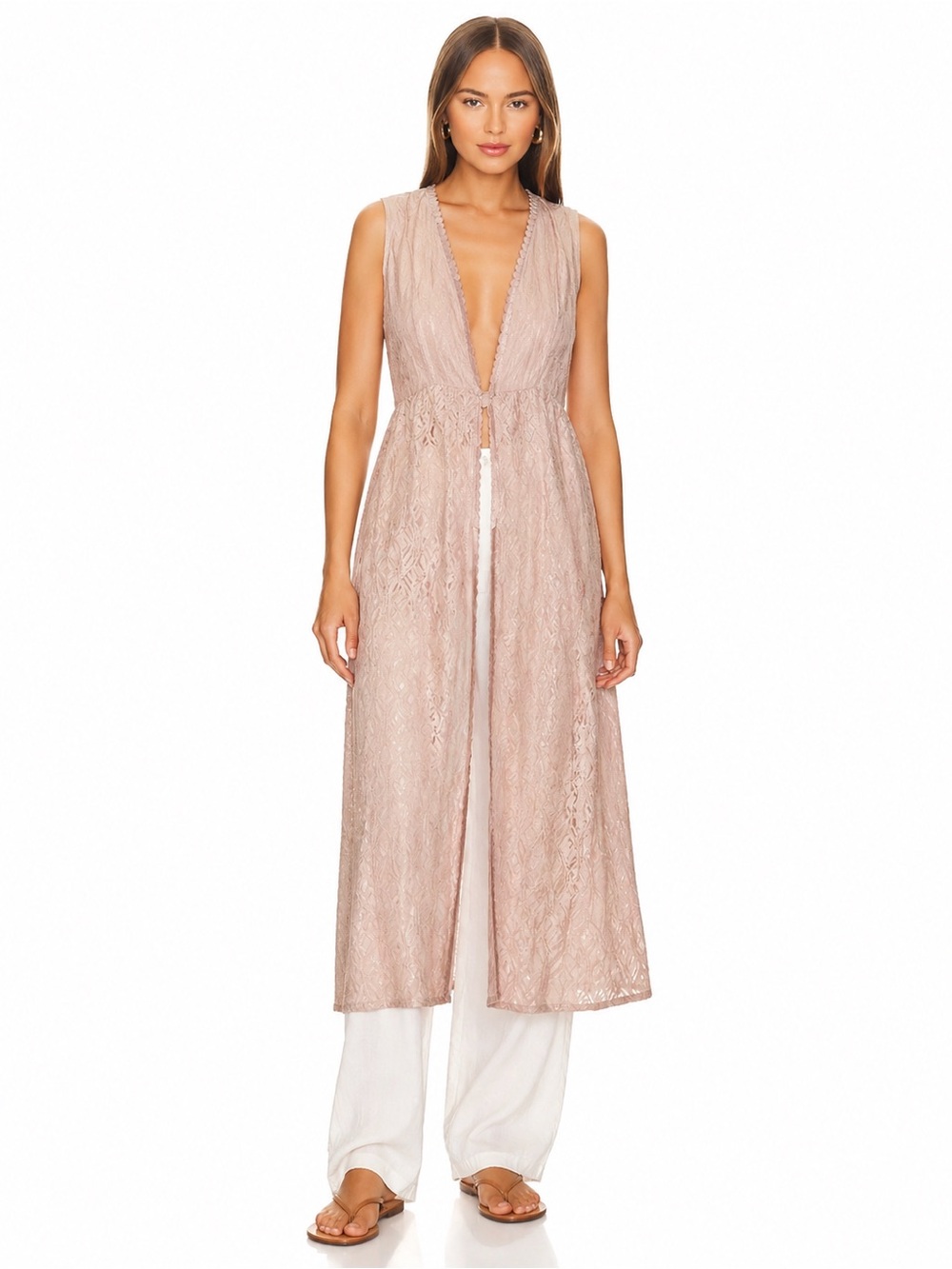 Valentina Naldi Linen Coverup Beige open Longline Duster Italy Cream Lace Dress